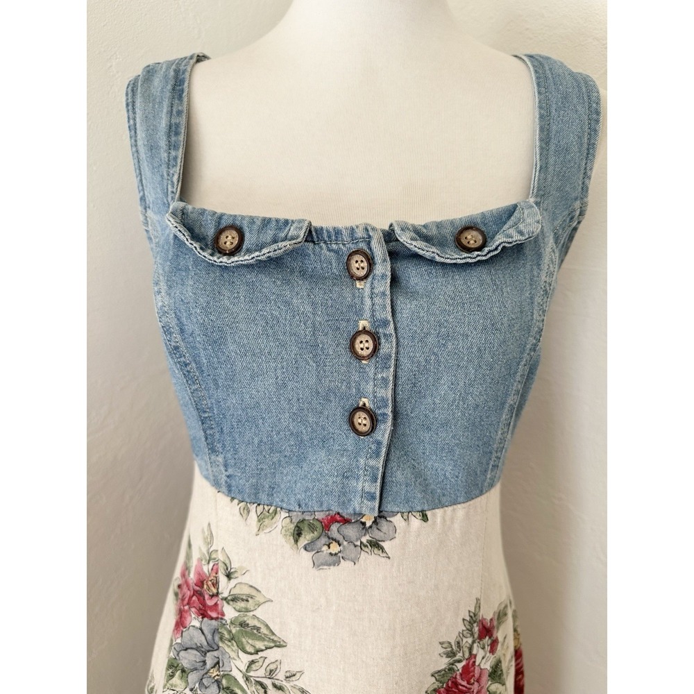VTG Triangle Blues Denim Floral Maxi Dress Sz 9 Made USA Cottagecore 90s - Picture 2 of 16